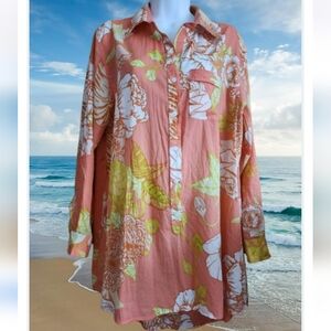 True Destinations Roll Tab Sleeve Tunic Cover-up Oversized Shirt Dress Cotton